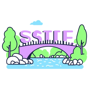 A bridge spans a river, made from large vocabulary words intricately arranged to form the structure. The words are carefully positioned to create the archways and supports of the bridge. Beneath the bridge, the river flows with gentle ripples, reflecting the structure above. The scene includes lush greenery on both banks of the river, with trees and shrubs framing the view. Alongside the river, there are rocks and pebbles, adding texture to the landscape. In the background, a clear sky is visible, completing the serene setting.