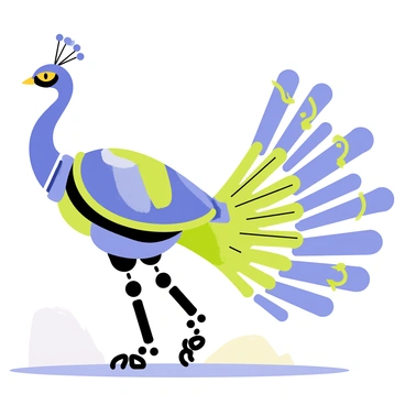 A futuristic robotic paon with metallic feathers and glowing eyes