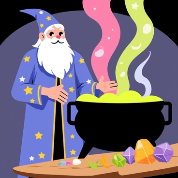 A wizard named "Merlin" is standing in front of a large black cauldron. He has a long white beard and is wearing a blue robe adorned with golden stars and moons. The cauldron is bubbling with a bright green liquid. Colorful vapors in shades of pink, purple, and blue are rising dramatically from the cauldron, creating a swirling effect in the air. In the background, there are various potion ingredients like herbs and magical stones scattered on a wooden table. A mystical atmosphere surrounds the scene, illuminated by the glow of the potion.