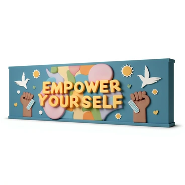 A large, colorful mural covering an entire wall. The mural features the phrase "Empower Yourself" in bold, bright letters at the center, surrounded by various symbols of empowerment, such as raised fists, doves, and hearts. The background is filled with vivid colors like blue, orange, and green, blending smoothly together. Each symbol is intricately detailed, showcasing a variety of patterns and textures. The overall composition is lively and captures a sense of hope and inspiration.