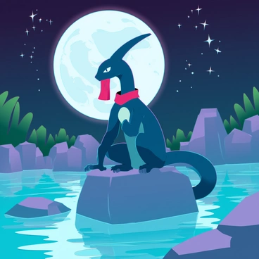 A sleek Greninja with a dark blue body and a cream-colored underbelly is perched on a large, smooth rock. Its eyes are focused, reflecting the shimmering light of the moon above. The lagoon is surrounded by lush, green vegetation, with a gentle mist rising from the water's surface. The moonlight casts a silvery glow across the water, creating rippling reflections. A multitude of stars twinkle in the clear night sky, adding to the tranquil ambiance of the scene. The Greninja's tongue scarf flutters gently in the night breeze, enhancing its poised and alert stance.