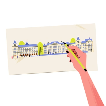 A human hand holding a pencil is in the process of drawing a cityscape of "Montpellier" on a blank piece of paper. The drawing showcases intricate details such as "the elegant architecture of the historic buildings", "the distinctive arcades", and "the iconic Place de la Comédie". In the background, there are hints of trees and people walking, creating a lively atmosphere. The hand has visible texture and the pencil creates fine lines that highlight the complexity of the cityscape.