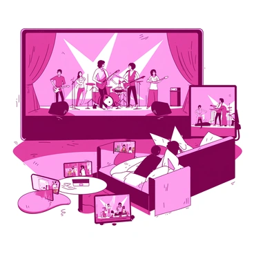 A pink virtual concert stage is illuminated with bright lights and colorful visuals. On the stage, a band is performing energetically, with instruments and microphones in view. In the foreground, various devices are positioned on tables and couches, displaying the concert streaming live. There are multiple small screens showing diverse audience members engaged and enjoying the performance from their homes. The atmosphere is lively, filled with excitement and energy as the virtual audience interacts with the concert.