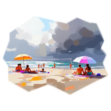 A panoramic view capturing the duality of a beach scene. On one side, "beachgoers" are sprawled on a sun-drenched sandy expanse, wearing colorful swimsuits and sunglasses. Some are lounging on beach towels, while others are playing volleyball or splashing in the waves. On the opposite side, dark storm clouds loom ominously over another group of "people" seeking shelter under umbrellas or huddled close to each other, looking worried as the wind begins to pick up. The contrast between the bright colors of the sunlit beach and the dark, turbulent sky creates a dramatic atmosphere.