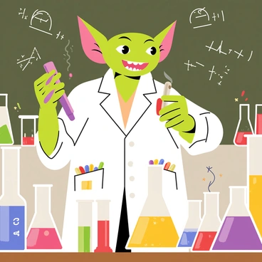 A gremlin conducting a fun science experiment with colorful liquids.