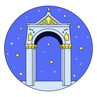 A grand archway with intricate designs stands prominently, symbolizing "Heaven's gate." The archway is adorned with glowing golden accents that highlight its elegant structure. Behind the archway, a vast "starry night sky" filled with countless shimmering stars creates a mystical backdrop. The stars twinkle brightly, adding depth to the scene. The overall composition evokes a sense of wonder and enchantment.