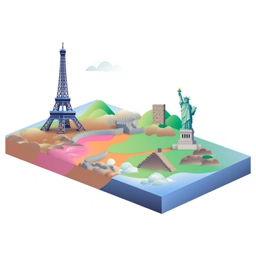 A vibrant illustration of several famous global landmarks is displayed atop various types of plate boundaries. In the foreground, the "Eiffel Tower" stands tall on a convergent plate boundary, with detailed textures highlighting its iron lattice structure. Nearby, the "Great Wall of China" stretches across a transform plate boundary, its stone steps winding over rugged terrain. To the right, "Machu Picchu" is perched on a divergent plate boundary, surrounded by lush green mountains and clouds. The "Statue of Liberty" rises proudly on an oceanic plate boundary, with waves crashing against the base. Each landmark is carefully positioned to emphasize the geological features of the plate boundaries beneath them, showcasing a variety of landscapes and textures.