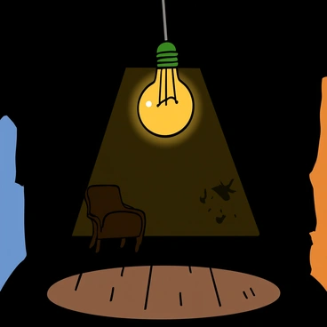 A flickering lightbulb hanging from the ceiling of a dimly lit room. The lightbulb has a vintage design with a warm glow, casting soft, uneven shadows on the walls. The room has peeling paint and a bare wooden floor, adding to the atmosphere. In the background, there is a silhouette of a worn-out chair against the wall, and the corners are shrouded in darkness. Dust particles are visible in the light beam from the bulb, enhancing the mysterious feel of the space.