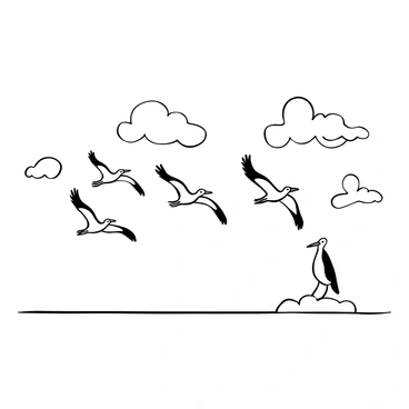 A flock of "brown pelicans" flying in a V-formation. The pelicans have large wingspan and long bodies, creating a dynamic silhouette in the air. Below them is a vast, open expanse representing the ocean. The scene is framed by clouds drifting in the background.