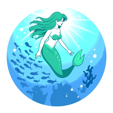 A teal mermaid with flowing hair is gracefully swimming in a sparkling blue ocean. The mermaid has shimmering scales that catch the light, reflecting hues of white and teal. Surrounding her is a school of small, vibrant minnows darting playfully. The minnows create a swirling pattern in the water as they move in unison alongside the mermaid. Sunlight filters through the water, casting beautiful rays and creating a lively underwater scene. The mermaid's tail flicks energetically, blending seamlessly with the movement of the minnows.