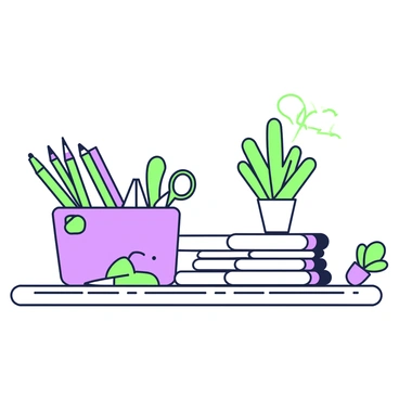 A collection of eco-friendly stationery items is displayed on a surface. In the center, there is a stack of notepads made from recycled paper, with visible texture and a simple design. To the left, a set of green pens made from recycled plastic is arranged in a neat row. Next to them, a purple pencil case made from upcycled fabric holds various writing utensils. A pair of scissors with green handles sits nearby, along with a paper clip holder shaped like a leaf. In the background, a small potted plant adds a touch of greenery to the scene.