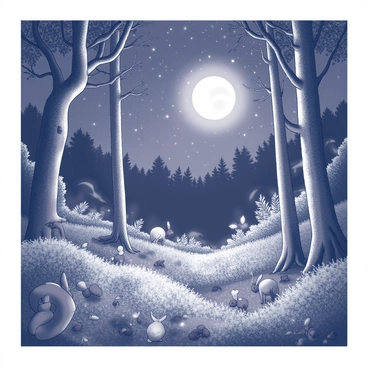 A dense forest filled with a variety of plants, some exhibiting a glowing effect. The foliage includes tall trees with twisting branches and thick trunks. Small woodland creatures, such as rabbits and deer, are scattered throughout the scene, some peeking out from behind the trees or amongst the underbrush. The ground is covered in rich foliage, with patches of grass and small flowers. Above, a starry night sky is visible, with countless stars shimmering and a prominent moon casting soft light over the landscape.