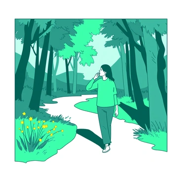A peaceful nature walk with someone thoughtfully walking along a tree-lined path.