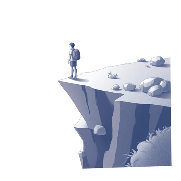 A person standing at the edge of a high cliff. The figure is silhouetted against the expansive horizon, which stretches far into the distance. The cliff is rugged and steep, with rocky outcrops jutting out. The person is wearing a backpack, suggesting they are prepared for an adventure. The stance is confident, with one foot slightly forward, indicating readiness to embark on the journey ahead. Surrounding the cliff are sparse plants and rocky terrain, enhancing the feeling of being on the brink of discovery.