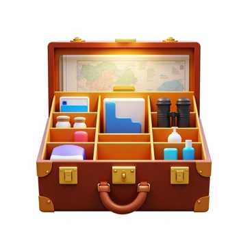 A neatly arranged trunk with a wooden texture. The organizer inside the trunk holds various items, including a rolled-up map, a pair of binoculars, a set of travel-sized toiletries, and a small notebook. The items are organized in compartments, with each section showcasing a distinct category of belongings. The trunk is closed, displaying brass hinges and a leather strap for securing it. Soft lighting highlights the contents of the organizer, creating a warm and inviting atmosphere.