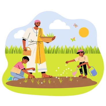 An Indian farming family is working together in a vibrant green field. The scene includes a father and mother, dressed in traditional clothing, with the father holding a basket filled with seeds. The children are actively helping, one child is kneeling in the dirt, sowing seeds, while another is watering the nearby seedlings using a small watering can. The sun is shining brightly, casting warm light over the scene, and a few colorful butterflies flutter around the crops. In the background, there are rows of growing plants and a blue sky with fluffy white clouds.