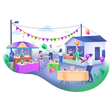 A vibrant street scene depicting neighbors gathering to celebrate a local street festival. Various colorful banners and balloons are strung across the street. Groups of people are engaged in conversation and laughter, while some are setting up food stalls with an array of dishes and treats on display. Children are playing games nearby, and a small stage features musicians performing lively music. Tables adorned with bright tablecloths are filled with an assortment of drinks and snacks. The atmosphere is filled with joy and community spirit, bringing neighbors together in celebration.
