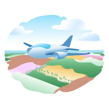 A bird's eye view of an electric plane soaring above expansive patchwork fields. The plane is sleek and modern, with a shiny surface reflecting the sunlight. Below, the fields are a vibrant mosaic of colors, featuring squares and rectangles of green, gold, and brown. Each patch showcases different crops, creating a striking contrast against the clear blue sky. Wispy clouds drift in the background, adding depth to the scene. The landscape stretches out into the horizon, enhancing the vastness of the view.