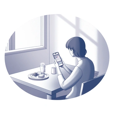 A person sitting at a dining table, enjoying breakfast. They are holding a smartphone, looking at the screen which displays social media content. The person has a plate in front of them, featuring a breakfast spread that may include toast, fruit, and a beverage. The room is illuminated by bright morning light streaming in through a nearby window, casting soft shadows on the table. The overall atmosphere suggests a peaceful morning routine.