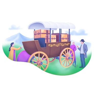A detailed replica of a stagecoach truck is positioned prominently in the foreground. The truck features large wooden wheels, with intricate carvings along the sides. Its body is painted in a rich, dark brown color, adorned with gold detailing. The canvas top is raised, revealing vintage luggage and trunks stacked inside. Surrounding the truck are a few people dressed in period attire, including a man in a duster coat and a woman in a long dress, both of whom are interacting and pointing at the vehicle. In the background, a rustic landscape with rolling hills and a clear blue sky completes the scene.