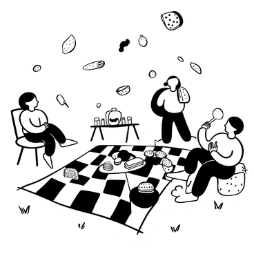 A picnic scene set in a grassy park with a large checkered blanket spread out on the ground. There are various food items like sandwiches, fruits, and drinks arranged neatly on the blanket. Above the blanket, several pieces of food, such as a loaf of bread and slices of watermelon, are floating in the air, defying gravity. Surrounding the picnic are guests that appear unusual; one is wearing a large fruit costume while another is holding an oversized spoon. Nearby, a table is set with a teapot shaped like a mushroom, adding to the whimsical theme of the gathering. The atmosphere is lively with a mix of ordinary picnic elements and surreal touches.