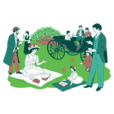 A group of people dressed in authentic 19th-century clothing is gathered in a green park setting, vividly illustrating life in Paris during the late 1800s. Several individuals are engaged in conversation, while others are participating in various activities such as playing games, reading books, and enjoying picnics on the grass. A woman in a flowing white dress is seated on a picnic blanket, her hat adorned with vibrant flowers, while a man in a teal suit stands nearby, gesturing animatedly. In the background, a vintage horse-drawn carriage is parked beside a blooming flowerbed, enhancing the historical atmosphere. A small group of children is playing with a red ball, adding a lively touch to the scene.