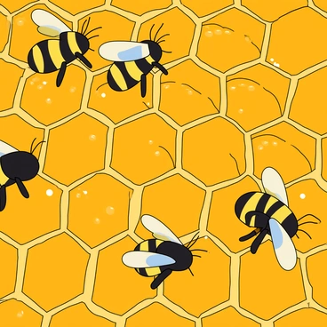A close-up view of a honeycomb structure, showcasing the hexagonal cells filled with golden honey. Several small honeybees with black and yellow stripes are actively crawling over the honeycomb, some are collecting nectar while others are tending to the honey. The texture of the honeycomb is detailed, with shiny drops of honey glistening in the light. The bees have their wings slightly spread, and their fuzzy bodies are in motion, creating a sense of bustling activity.