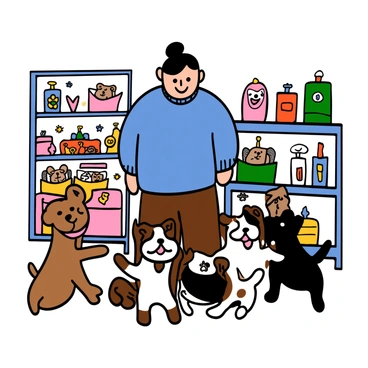A man with light skin and short black hair is standing in a cheerful pet shop, looking down with a smile at a group of playful puppies. He is wearing a blue sweater and brown pants. The puppies are of various breeds, some with fluffy fur and others with short coats, all showing excitement and energy. Colorful toys and pet supplies are displayed on the shelves around them, adding to the lively atmosphere of the shop.