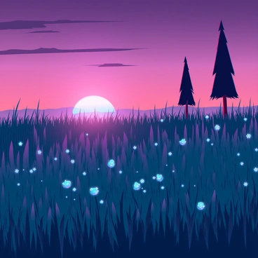 A tranquil meadow at dusk, with tall, lush grass swaying gently in the evening breeze. The sky transitions into deep shades of purple and orange, with the sun setting on the horizon. Scattered throughout the meadow are numerous glowing lightning bugs, their soft, warm lights flickering like stars scattered across the grass. Small wildflowers in various colors dot the landscape, and a few tall trees stand in the background, silhouetted against the vibrant sky. The atmosphere is calm, creating a scene of natural beauty and serenity.