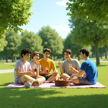A group of five friends sitting on a picnic blanket in a lush green park. The friends are all wearing Gant casual wear, featuring a mix of colorful polo shirts, light cotton shirts, and comfortable shorts. One friend is holding a sandwich, another is pouring drinks into glasses, while a third is laughing and pointing at a nearby squirrel. A picnic basket filled with fruits and snacks is positioned next to them. In the background, there are trees with vibrant green leaves and a clear blue sky.