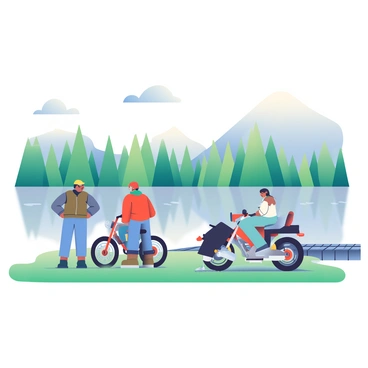 A group of four bikers, wearing helmets and leather jackets, is parked in a grassy area next to a lake. Two of the bikers are standing next to their motorcycles, while the other two are sitting on the grass, enjoying the view. In the background, the lake reflects a line of tall green trees and distant gray mountains. The sky is clear with a few fluffy white clouds scattered above. A wooden dock extends into the lake, and there are small ripples on the water's surface.