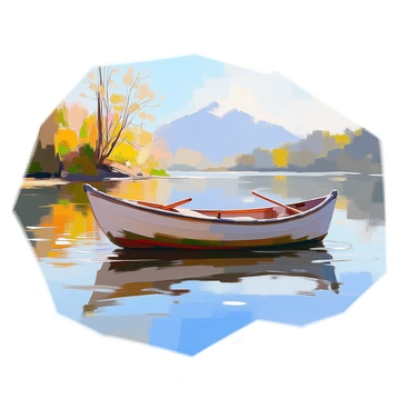 An old wooden rowboat is gently drifting on the calm surface of a lake. The boat's weathered wood shows signs of age, with peeling paint and moss growing in the corners. The water reflects the surrounding scenery, including tall green trees and a clear blue sky. A few ripples can be seen around the boat, indicating a slight breeze. The sunlight casts soft shadows on the boat, enhancing its textured surface. In the background, distant mountains provide a serene backdrop to this tranquil scene.