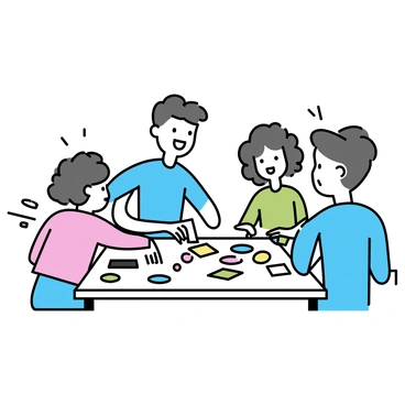 A family consisting of four members is gathered around a rectangular wooden table. The table is cluttered with various board game pieces and colorful cards. A boy with short brown hair is reaching for a game piece, while a girl with curly hair is giggling. Their parents, a man in a blue shirt and a woman in a green blouse, are smiling and engaged in the game. The room has soft lighting, adding a warm atmosphere to their laughter and enjoyment.