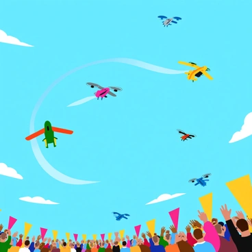 A bright blue sky filled with various drones flying energetically. Each drone has a unique design, including sleek shapes and vibrant colors like red, yellow, and green. Some drones are zipping ahead, while others are trailing behind, creating a sense of movement and competition. Below, a cheering crowd watches the race unfold, with colorful banners waving in the breeze, enhancing the lively atmosphere of the technological event.