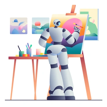 A humanoid robot with metallic silver skin and glowing blue eyes is standing in an art studio, painting a vibrant landscape on a large canvas. The robot has articulated limbs, and its right arm is raised with a paintbrush in hand, while its left arm rests on the easel. The canvas features a colorful sunset with orange, pink, and purple hues blending together. Surrounding the robot, there are various paint tubes, brushes, and palettes scattered across a wooden table. On the walls of the studio, additional artworks hang, showcasing different landscapes and abstract designs. The floor is made of light wood, enhancing the warm atmosphere of the studio.