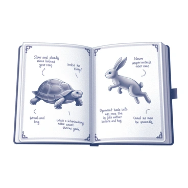 A journal page filled with sketches and notes related to "the tortoise and the hare's race." The top half of the page features a detailed sketch of a tortoise, showcasing its textured shell and slow, determined expression as it moves forward. Next to the tortoise, there is a dynamic sketch of a hare, depicted mid-leap with elongated ears and a confident grin, embodying speed and agility. Scattered around the illustrations are handwritten notes explaining the story's moral, such as "Slow and steady wins the race" and "Never underestimate the underdog." The page has a border made of simple, whimsical doodles that complement the central theme.