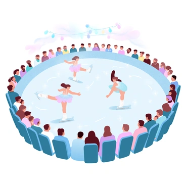 A crowd of spectators is seated closely together, engaged in an ice skating show. Each spectator is wearing winter clothing, some are bundled up in colorful scarves and jackets. They are intently watching the performance on the ice. In the center, performers are gliding gracefully across the ice, dressed in "dazzling costumes" that shimmer under the lights. The costumes are a mix of bright colors and intricate designs, adding to the visual spectacle. The ice surface reflects the lights, creating a vibrant atmosphere. Above the skaters, decorations hang, enhancing the festive mood of the event.