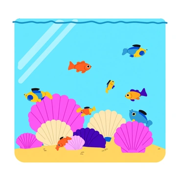A group of small, vibrant guppies in various colors, including orange, blue, and yellow, are swimming gracefully around colorful seashells on the aquarium floor. The seashells are in shades of pink, purple, and cream, with intricate patterns and textures. The water is crystal clear, allowing for full visibility of the guppies and the detailed shells beneath. Some of the guppies are playfully darting between the shells, while others are hovering close to the sandy bottom of the aquarium. Light filters through the water, creating shimmering reflections on the aquarium walls.