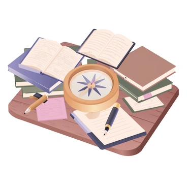A digital flat illustration featuring a vintage compass placed on a textured wooden table. The compass has a brass casing and a glass cover, with the needle pointing north. Surrounding the compass are several notepads, stacked and scattered around it. The notepads are filled with handwritten notes, sketches, and travel reminders, showcasing various colors of covers, such as blue, green, and brown. Some pages are slightly open, revealing the detailed notes inside. There is also a fountain pen resting on one of the notepads, adding to the travel theme. The warm tones of the wooden table enhance the overall travel-inspired atmosphere.