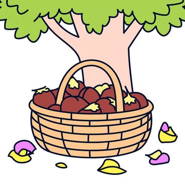 A wicker basket with a rounded shape, crafted from intertwined natural fibers. The basket is overflowing with shiny, brown chestnuts, some of which have a smooth exterior while others have rough, spiky husks. The scene is set beneath a large tree with a thick trunk and a canopy of dense, green leaves that filter the sunlight. The ground is partially covered with scattered fallen leaves, creating a natural, earthy backdrop.