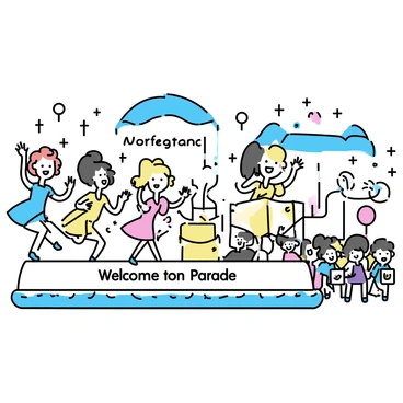 A festive parade scene featuring multiple floats adorned with vibrant decorations. On the first float, a group of three pin-up girls in colorful polka dot dresses and high heels is smiling and waving to the crowd. One girl has red hair styled in victory rolls, while another has blonde hair in a classic ponytail, and the third has dark hair with a side-swept look. The second float showcases a large banner with the words "Welcome to the Parade" in bold letters. The crowd below is filled with excited faces, holding balloons and cheering, under a bright blue sky.