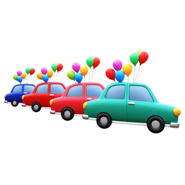 A line of wedding cars in various colors, all with shiny exteriors, honking in celebration. Each car has colorful balloons tied to their antennas, gently swaying in the breeze. The cars are adorned with decorative ribbons and flowers, enhancing the festive atmosphere. The bright colors of the balloons contrast against the cars, creating a cheerful scene.