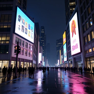 A street scene at night with towering illuminated advertisement billboards on both sides. The billboards display vibrant colors and eye-catching graphics advertising various products and services. The pavement is wet from recent rain, reflecting the bright lights from the billboards above. People walk along the sidewalk, some stopping to look up at the advertisements. Tall buildings loom in the background, partially obscured by the glow of the billboards. The atmosphere is lively and bustling with a mix of pedestrians and city sounds.