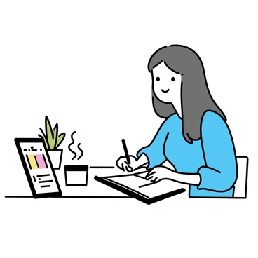 A woman with long brown hair, wearing a blue blouse, is sitting at a wooden desk. She is writing in a planner with a black pen while a digital tablet is open beside her, displaying a colorful calendar. The planner is a leather-bound book with visible tabs and notes. A small potted plant is placed on the desk, adding a touch of greenery. A cup of coffee is resting next to the planner, steam rising gently from it. The woman has a focused expression as she organizes her tasks and appointments.