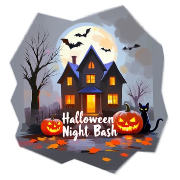 A Halloween event poster featuring "spooky graphics" such as a haunted house silhouetted against a full moon, with bats flying in the night sky. The foreground includes "creepy illustrations" like a black cat, a jack-o'-lantern with a sinister grin, and spider webs. The text on the poster reads "Halloween Night Bash" in a font that resembles twisted branches and dripping slime. Surrounding elements include dark, swirling clouds and scattered autumn leaves. The overall composition is designed to evoke a chilling atmosphere fitting for a Halloween celebration.