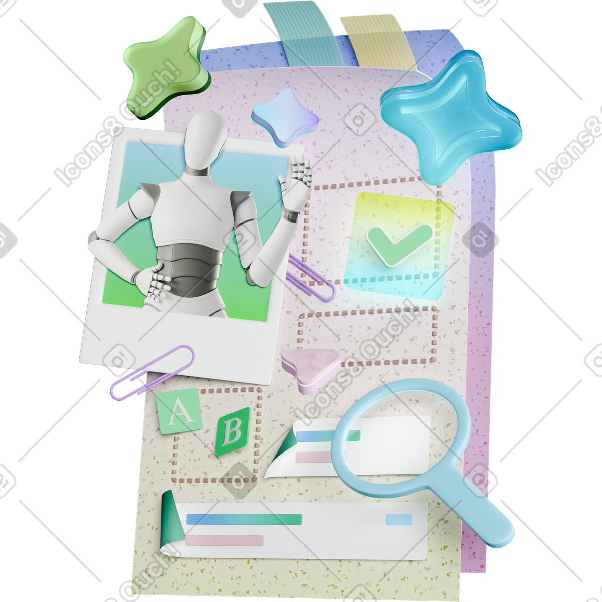 Robot resume with portrait and checkmark, Artificial intelligence workforce concept illustration in 3D Business style download in PNG, SVG