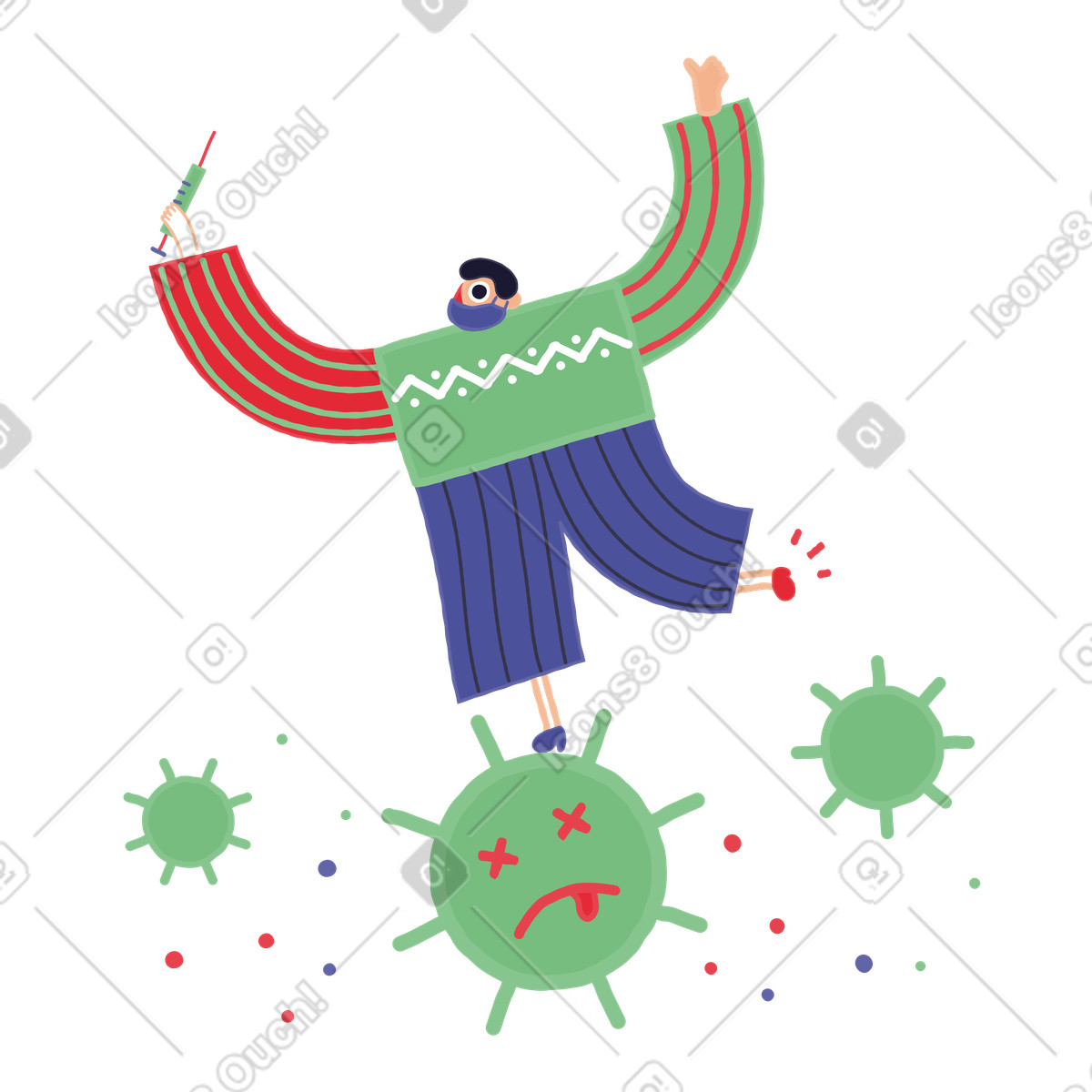 Stripy スタイルの Healthcare worker defeating virus with vaccine, COVID-19 awareness and prevention のイラストをPNG、SVG形式でダウンロード