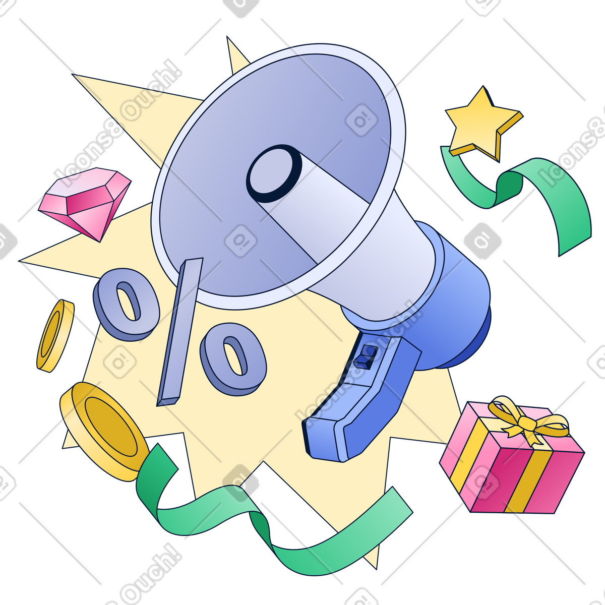 Megaphone, coins, gift and percent sign, Digital Marketing and Loyalty Programs illustration in PNG, SVG