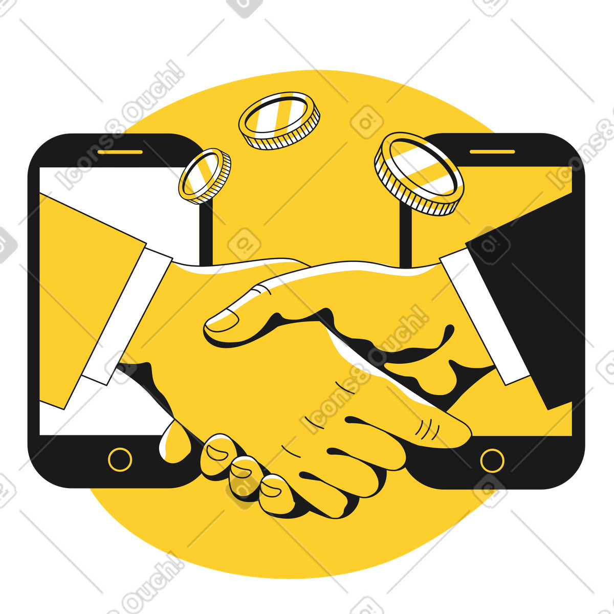 Affronta stretta di mano, telefoni e denaro illustrazione in stile Taxi scarica in PNG, SVG