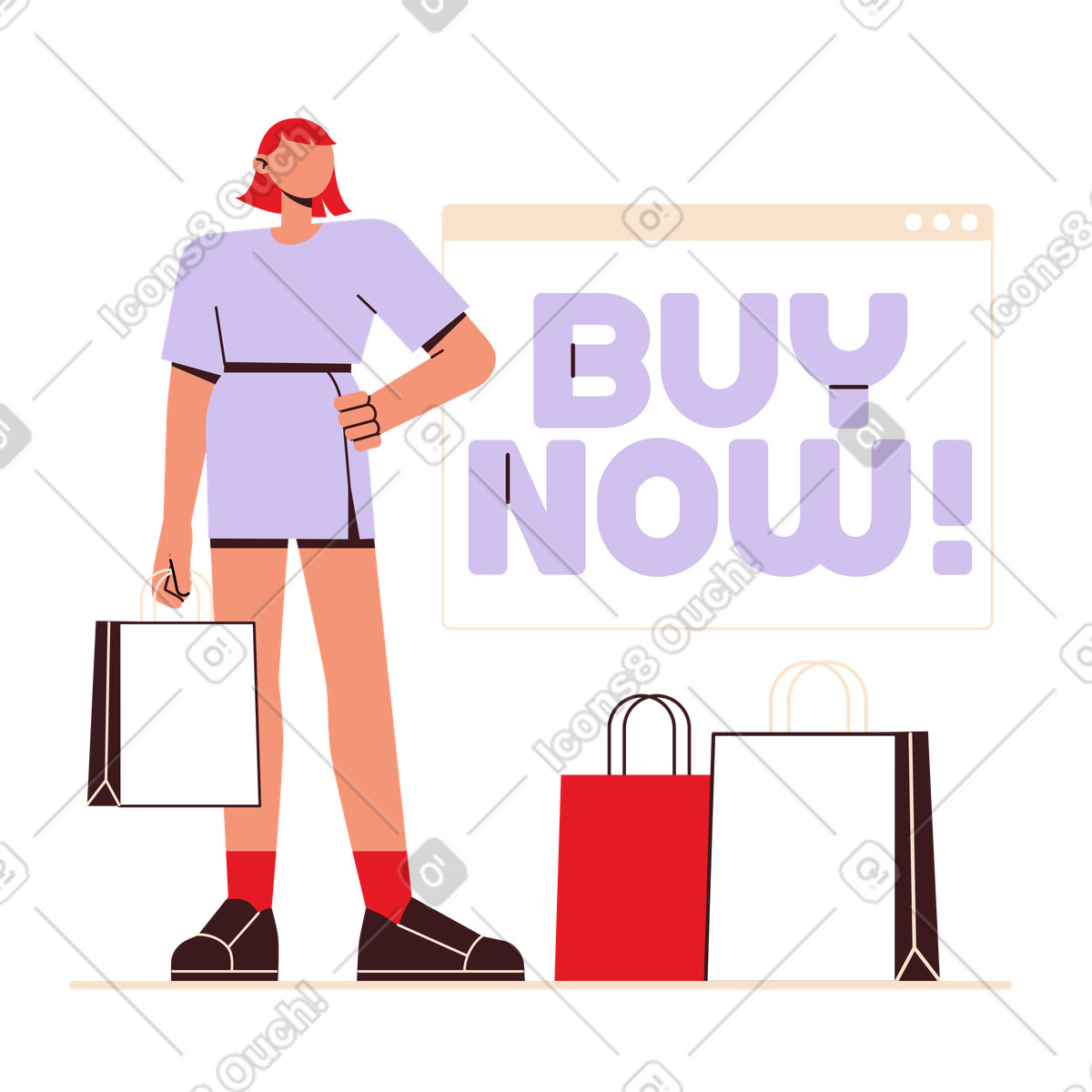 Illustration Lettrage achetez maintenant ! avec le texte du navigateur et des sacs à provisions dans style Folks télécharger aux formats PNG, SVG